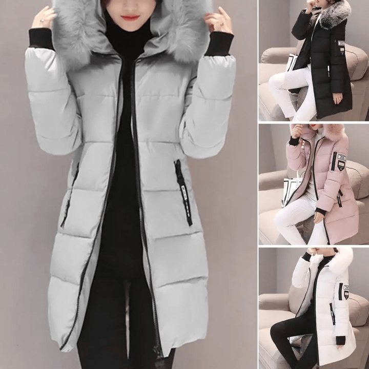 Piumino donna trapuntato invernale, giacca calda a mezza lunghezza con cappuccio, design moderno.