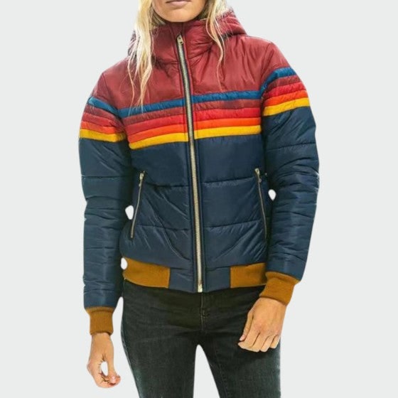 Giacca piumino donna impermeabile retrò con cappuccio, strisce arcobaleno, ideale per l'inverno.