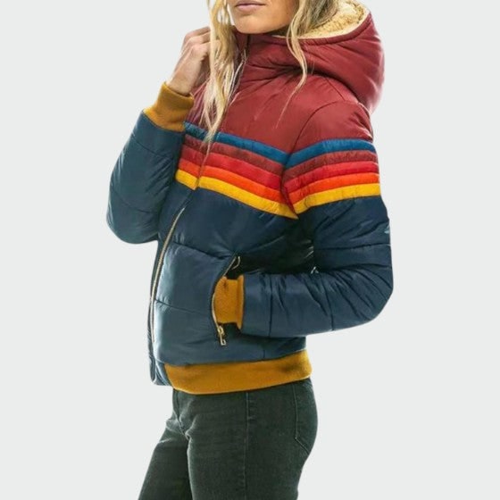 Outwear donna impermeabile invernale, giacca piumino con cappuccio, design retrò e strisce arcobaleno.