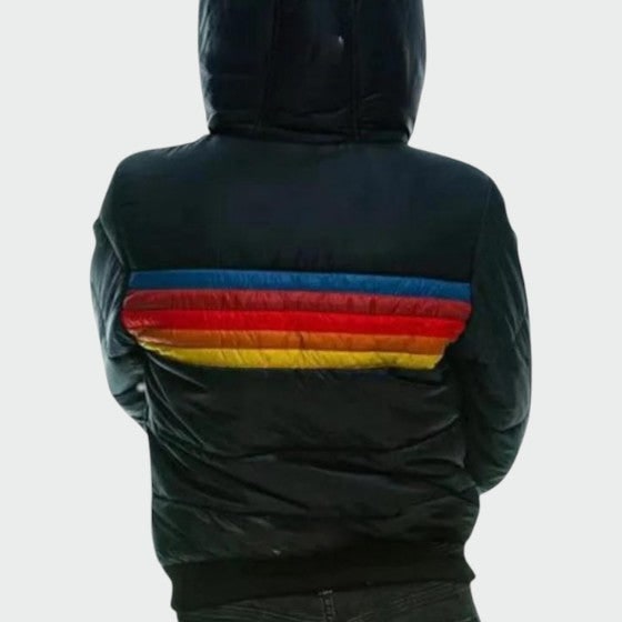 Giacca piumino donna impermeabile con cappuccio, calda e confortevole, strisce arcobaleno retrò di tendenza.