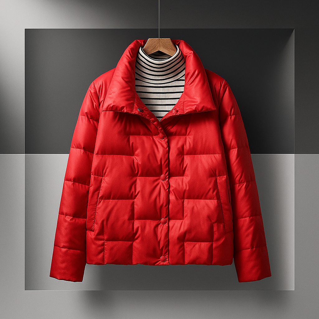 Giacca donna puffer corta trapuntata invernale, collo alto. Stile moda streetwear caldo e casual.