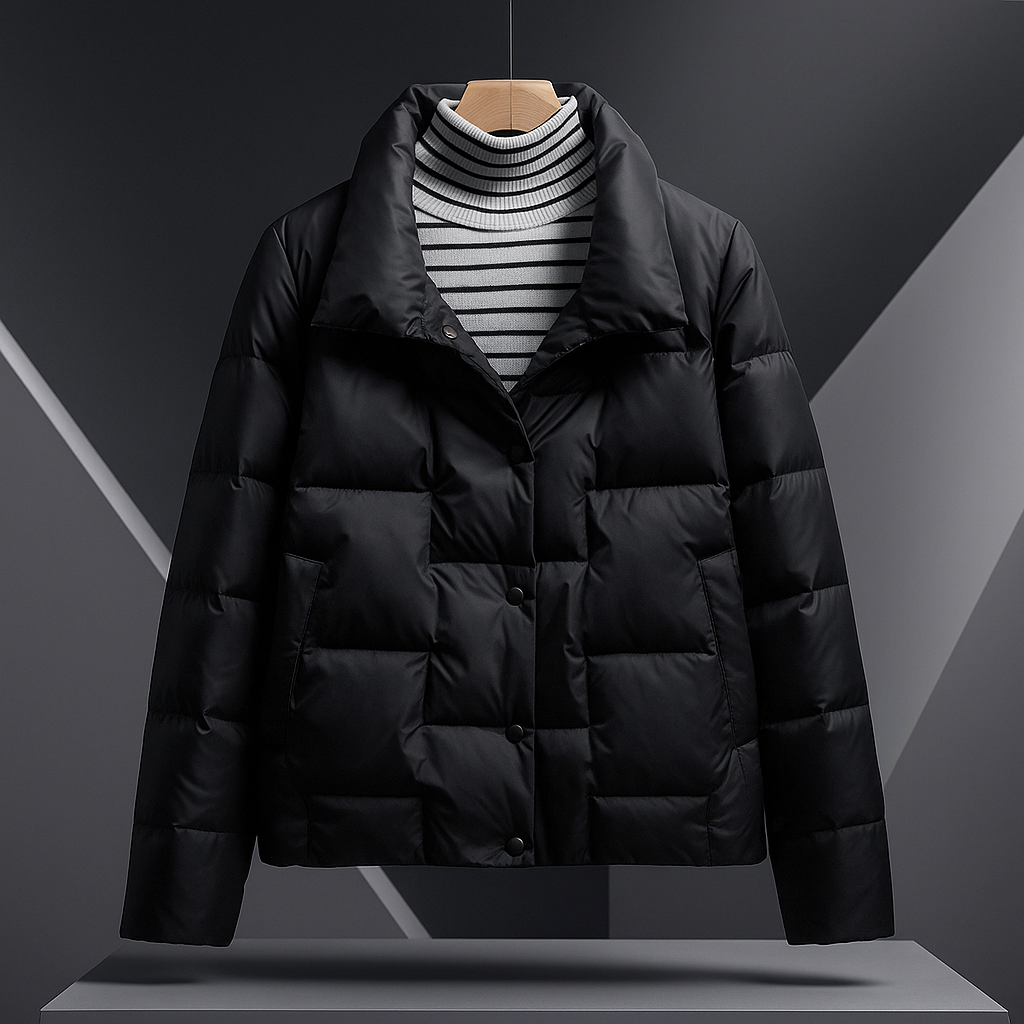 Giacca invernale donna puffer corta trapuntata collo alto. Calda, alla moda, outerwear casual per il freddo.