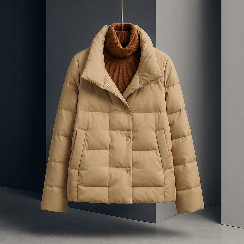 Giacca puffer corta da donna, trapuntata e moderna. Look invernale caldo, casual e di tendenza.