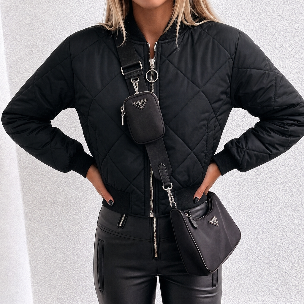 Elegante giacca corta da donna, stile bomber trapuntato con design a rombo, ideale per la moda autunno-inverno.