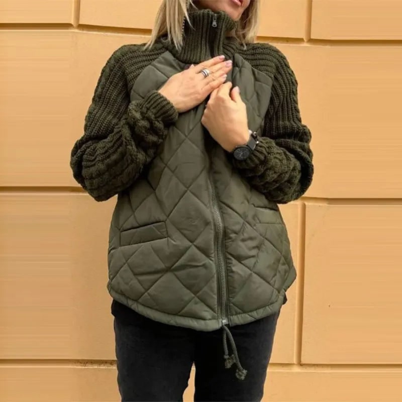 Vista posteriore giacca trapuntata donna con design ibrido, corpo a rombi e maniche in maglia, comfort.