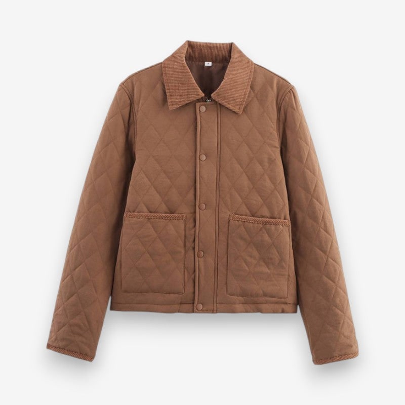 Giacca donna trapuntata a rombi, collo in velluto a coste. Stile casual ed elegante per la moda autunno.