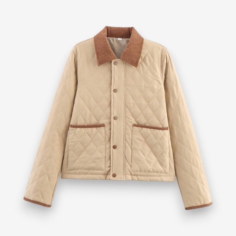 Elegante giacca donna trapuntata con bottoni, design a rombi e collo in velluto a coste. Ideale per l'autunno.