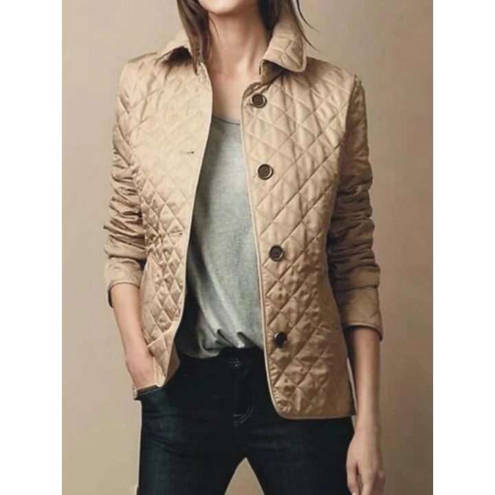 Giacca trapuntata da donna con fodera scozzese, collo a pieghe. Look casual chic per la moda quotidiana.
