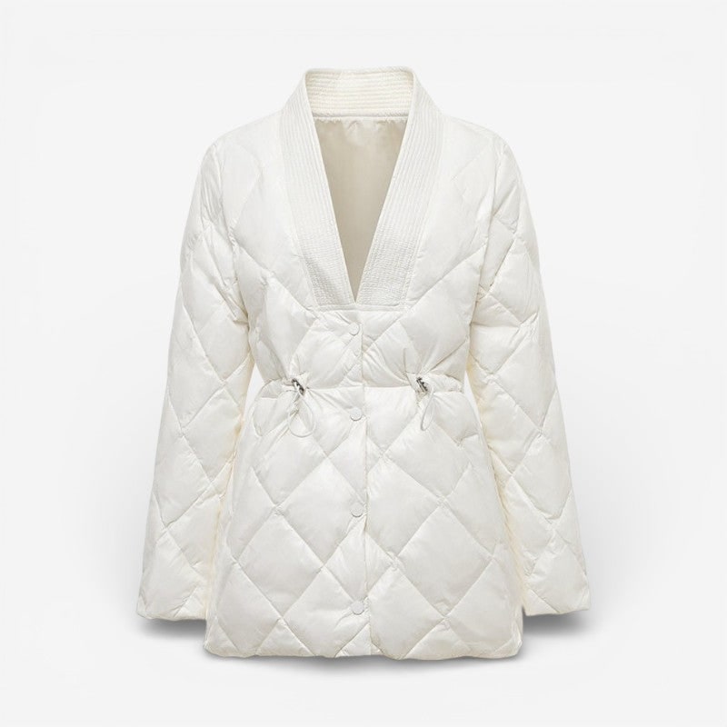 Giacca trapuntata donna con scollo a V e vita regolabile, perfetta per primavera/autunno.
