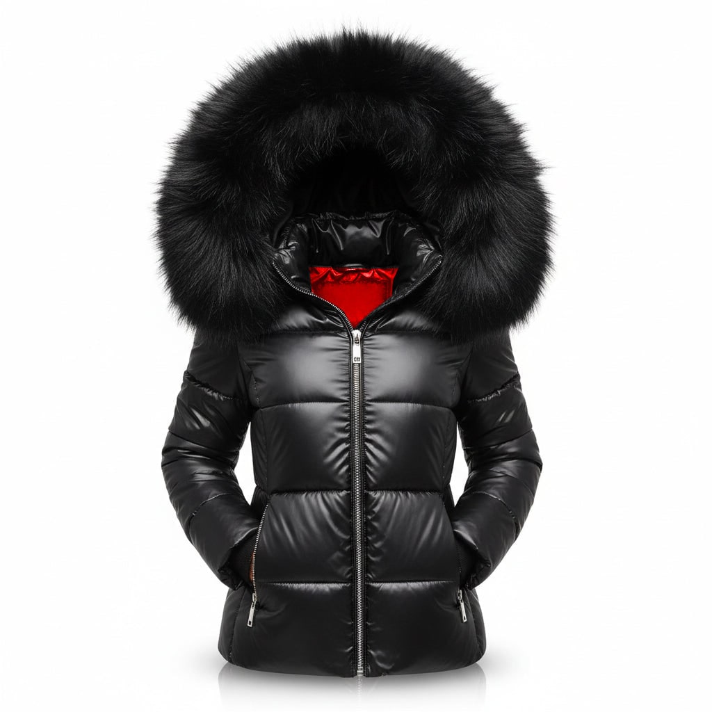 Giacca puffer donna trapuntata con cappuccio in pelliccia sintetica. Calda, perfetta per l'inverno e la moda casual.