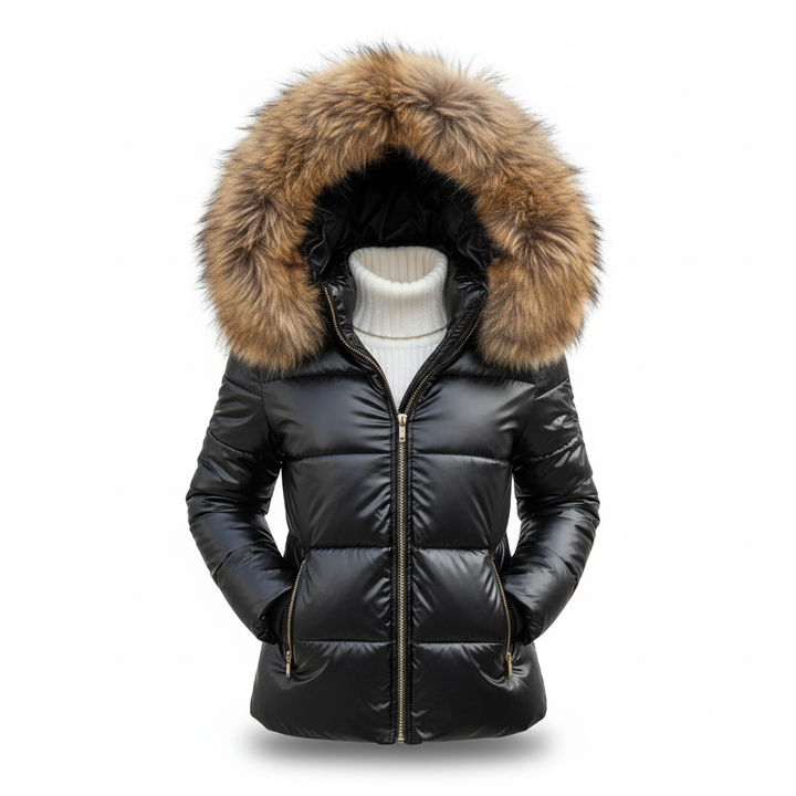 Cappotto invernale donna, giacca puffer calda e trapuntata. Cappuccio con morbida pelliccia sintetica.