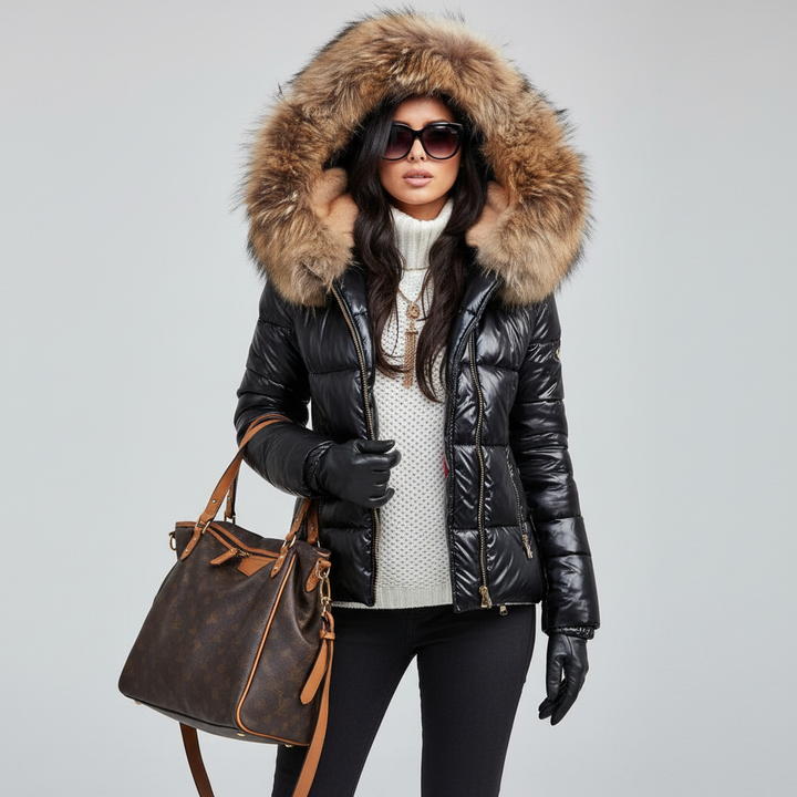 Look elegante con giacca puffer donna trapuntata. Cappuccio in pelliccia sintetica, capospalla invernale alla moda.