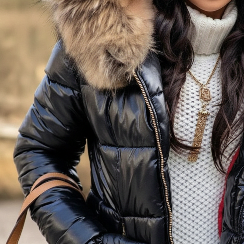 Giacca calda donna puffer trapuntata. Cappuccio con pelliccia sintetica, ideale per la moda invernale e il freddo.