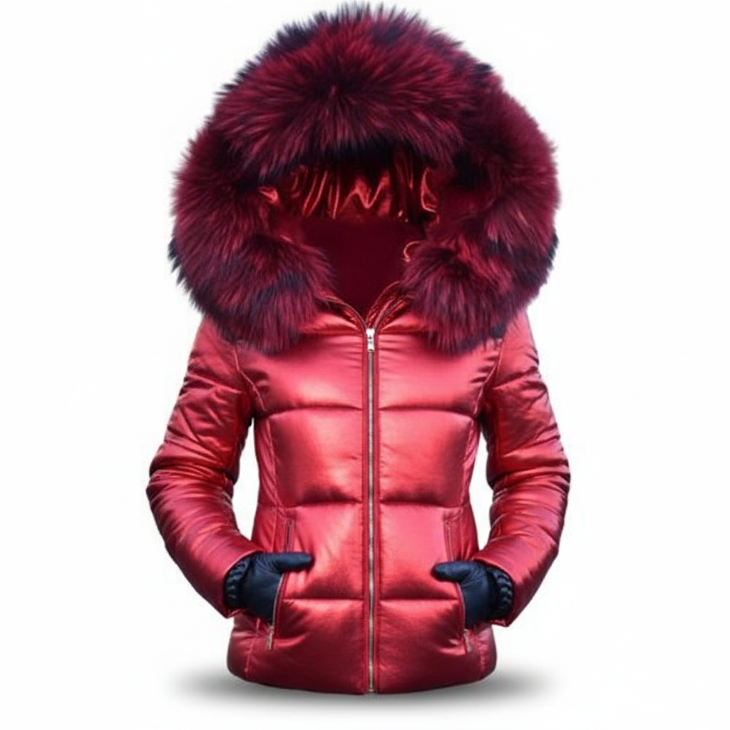 Capospalla donna invernale, giacca puffer trapuntata. Cappuccio con pelliccia sintetica, giacca calda e alla moda.