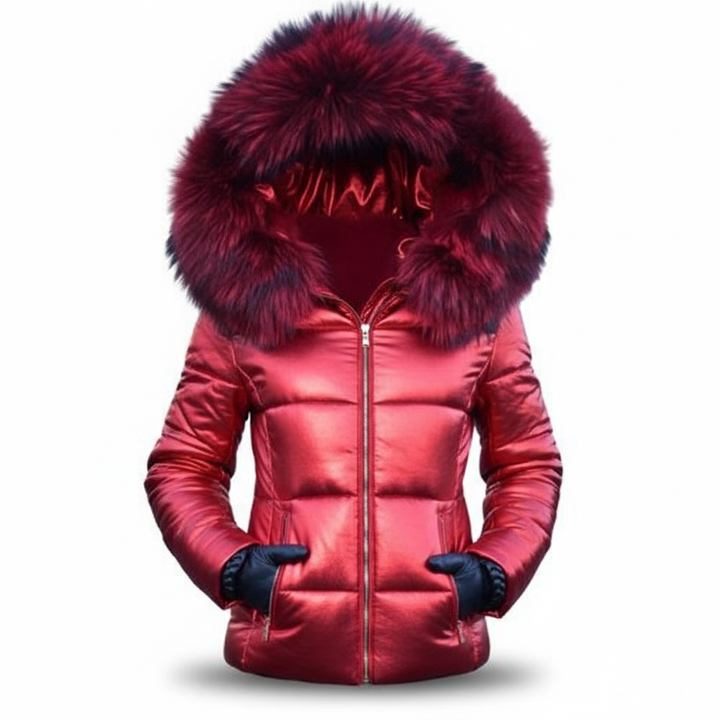 Capospalla donna invernale, giacca puffer trapuntata. Cappuccio con pelliccia sintetica, giacca calda e alla moda.
