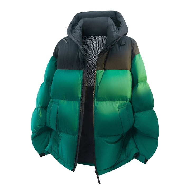 Giacca piumino donna oversize invernale con cappuccio, vista posteriore, design comodo e moderno.