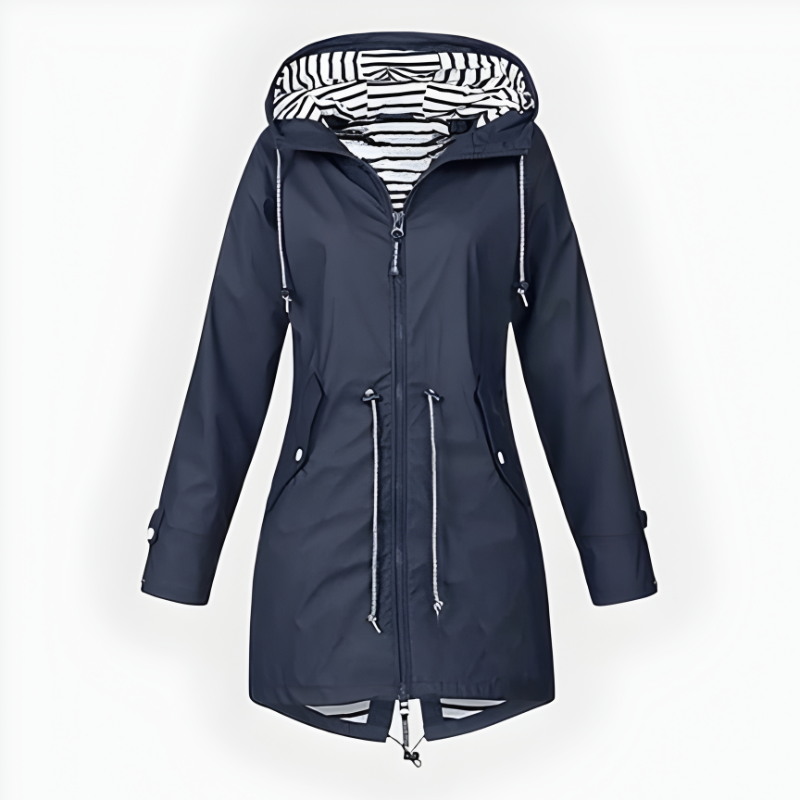 Moderna giacca da donna impermeabile con cappuccio. Vita regolabile per un look casual ed elegante. Protezione pioggia.
