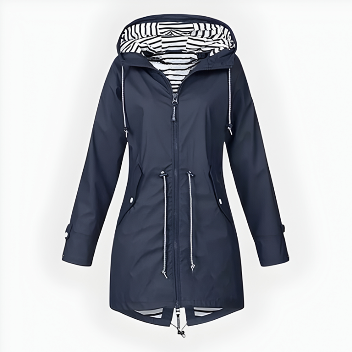 Moderna giacca da donna impermeabile con cappuccio. Vita regolabile per un look casual ed elegante. Protezione pioggia.