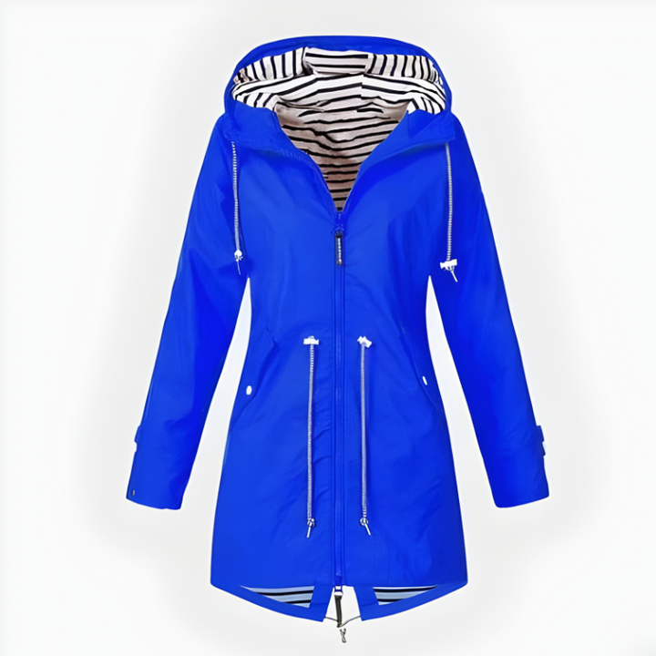 Giacca antipioggia donna con cappuccio, impermeabile. Protezione leggera e versatile per giornate ventose o piovose.