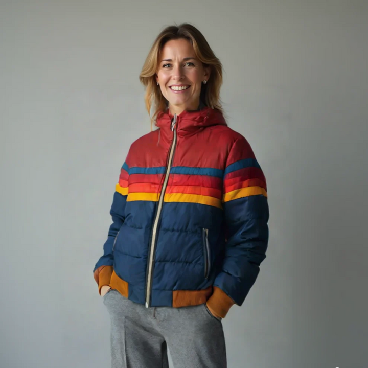 Giacca invernale puffer da donna trapuntata, con strisce arcobaleno e chiusura zip. Calda e alla moda.