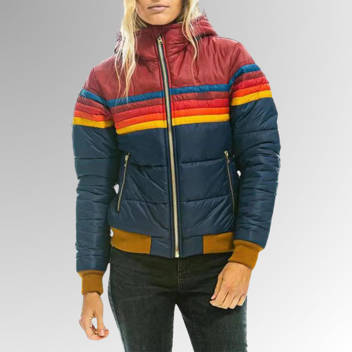 Giacca puffer donna casual, trapuntata con vivaci strisce arcobaleno. Perfetta per l'inverno.