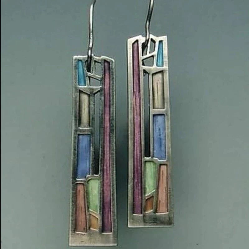 Orecchini pendenti da donna vintage rettangolari smaltati colorati, design geometrico elegante, finitura argento.