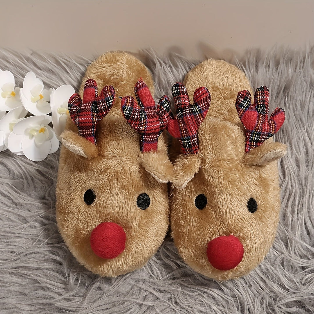 Ciabatte da casa calde per donna, slip-on con design renna, ideali per l'inverno e Natale.