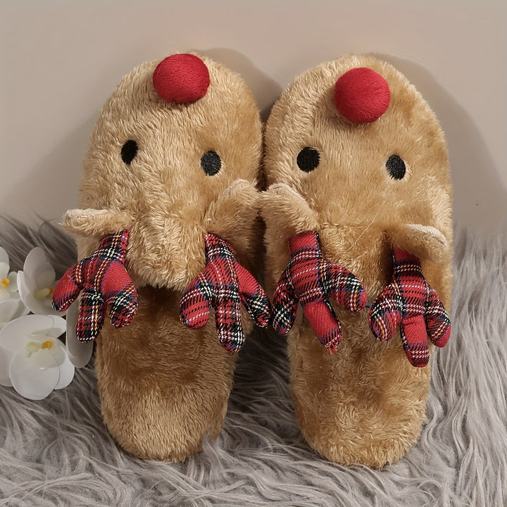 Pantofole festive da donna con adorabile renna, morbide e comode per le giornate invernali a casa.