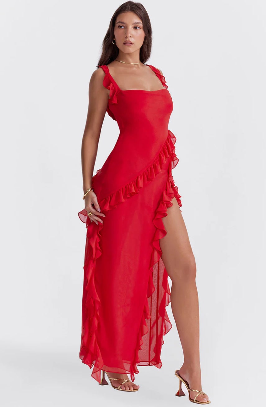 Abito lungo donna elegante, balze e spacco. Perfetto per serate speciali, cerimonie e look formale.