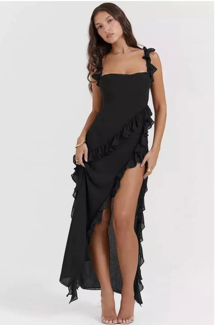 Vestito lungo donna elegante con scollo a V, balze cascanti e spacco frontale. Per serate.