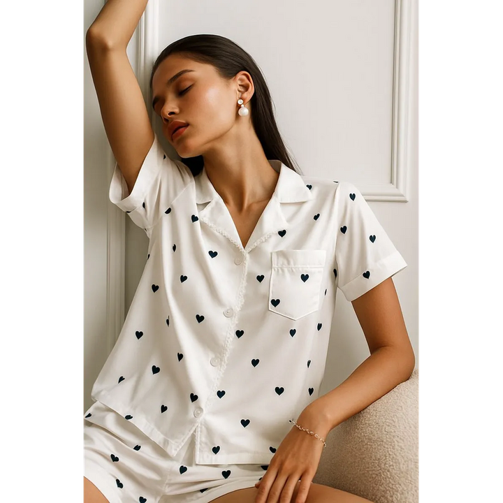 Donna che indossa set pigiama a cuori, maniche corte e pantaloncini, per un look notte rilassato ed elegante.