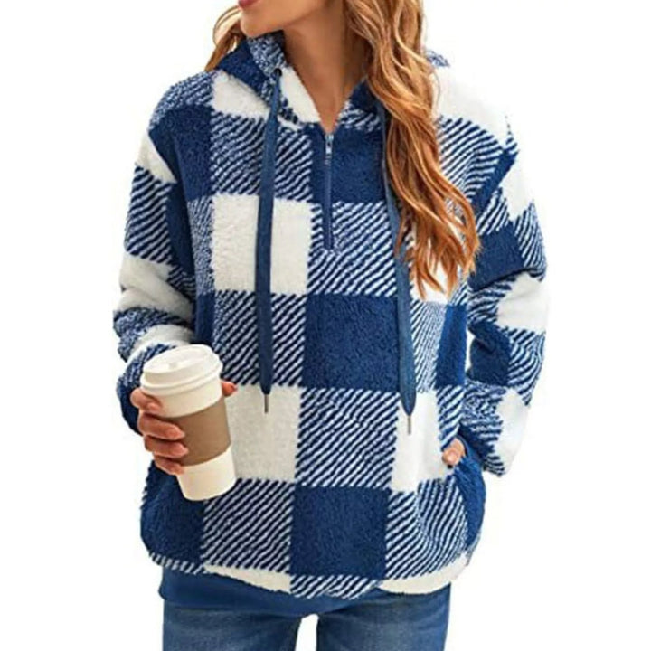 Felpa donna comoda a mezza zip scozzese, pullover con cappuccio per autunno/inverno.