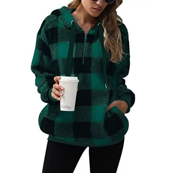 Felpa donna con cappuccio, motivo scozzese, mezza zip, comfort per il tempo libero.