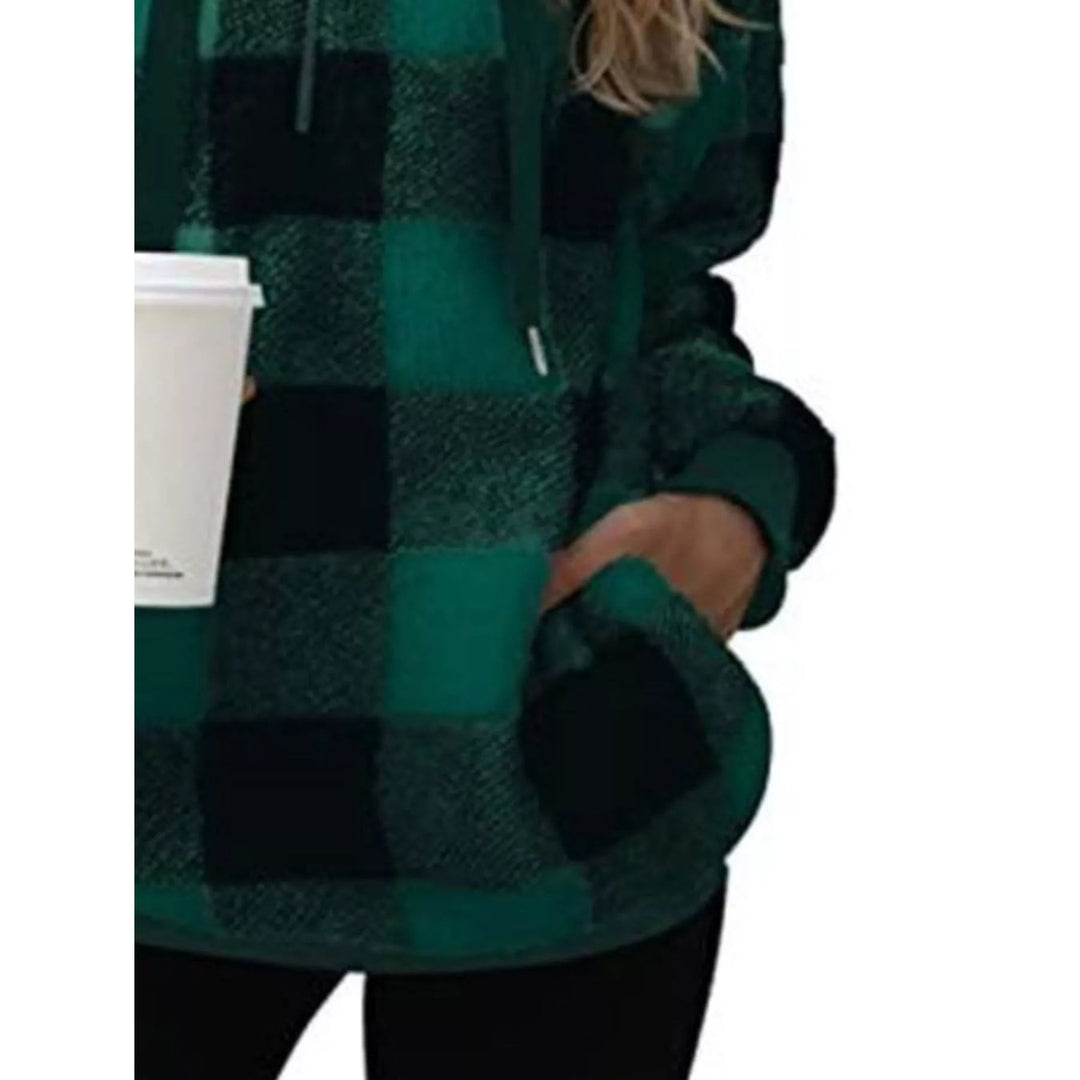 Felpa donna scozzese, calda e comoda, con mezza zip per autunno e inverno.