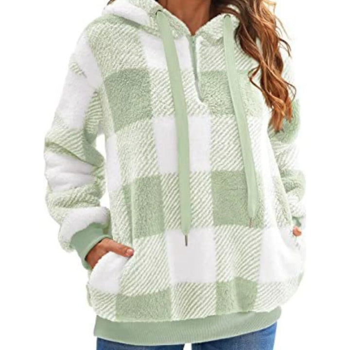 Felpa invernale donna, fantasia scozzese, mezza zip, vestibilità comoda e alla moda.