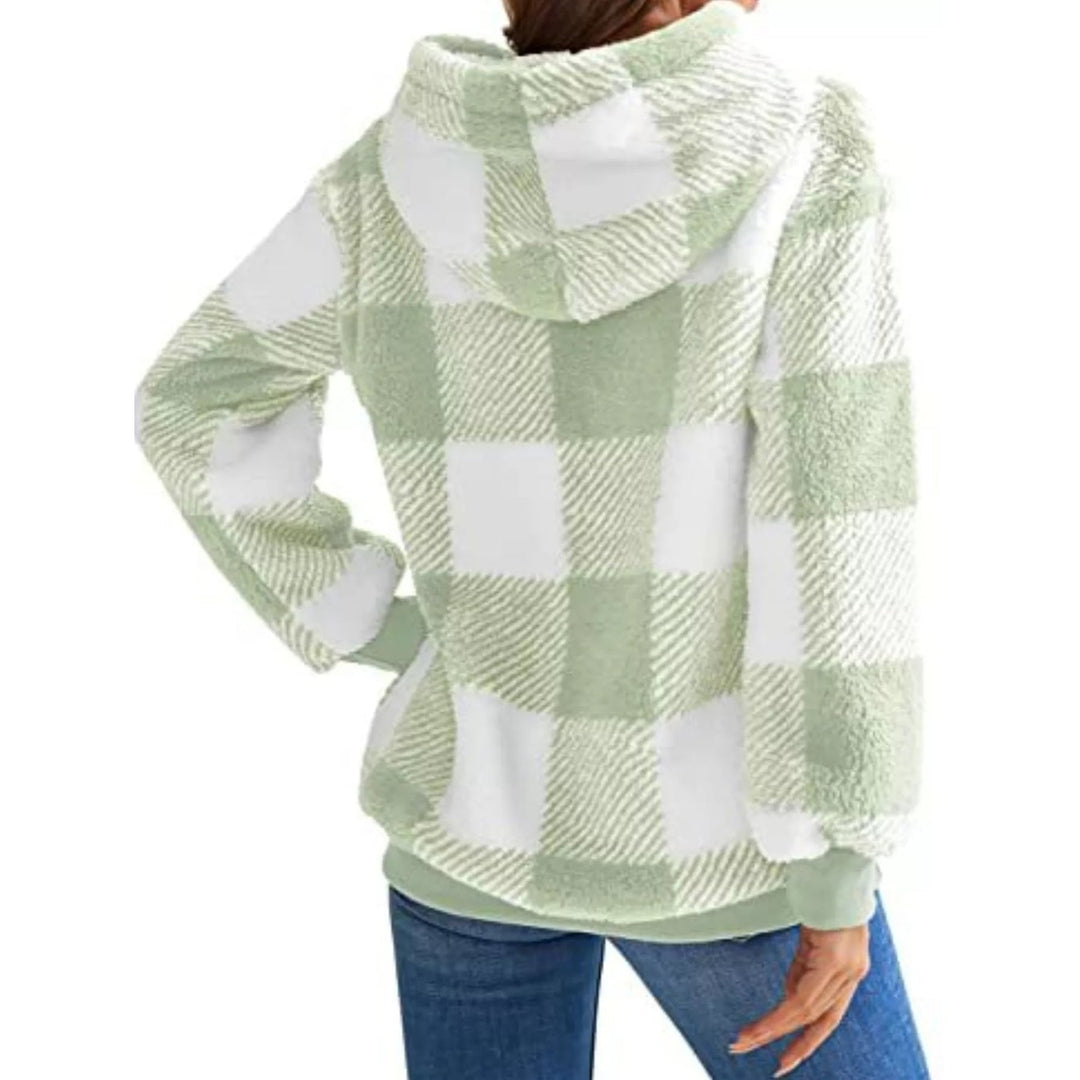 Felpa donna casual con mezza zip e cappuccio, motivo scozzese autunnale.