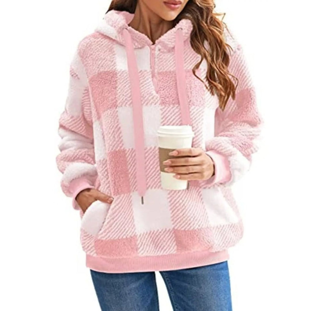Felpa donna scozzese, mezza zip, per un look comodo e di tendenza.