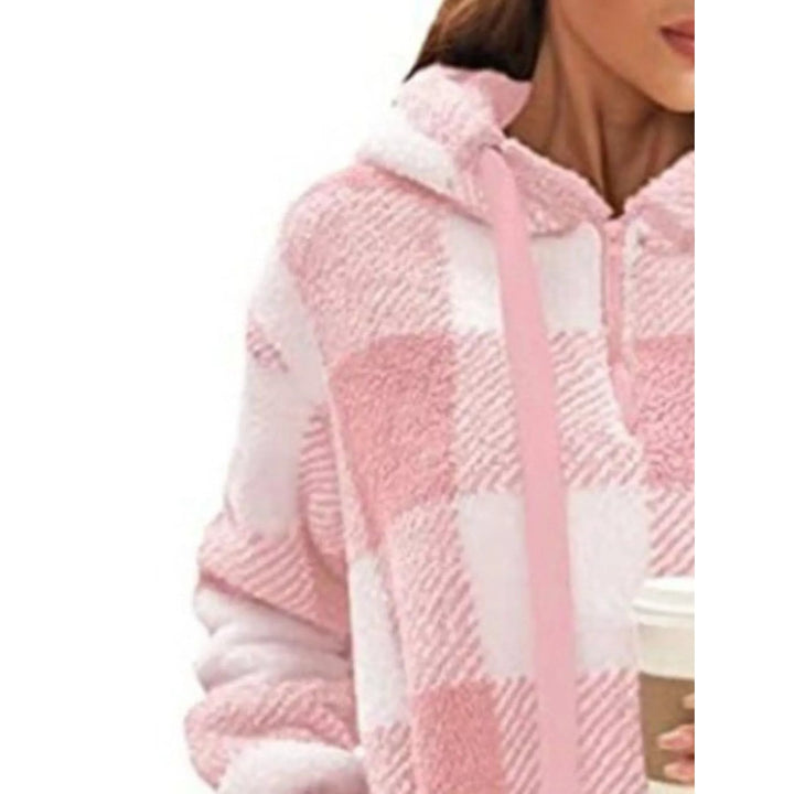 Pullover felpa donna scozzese, mezza zip, comfort per le giornate fredde.