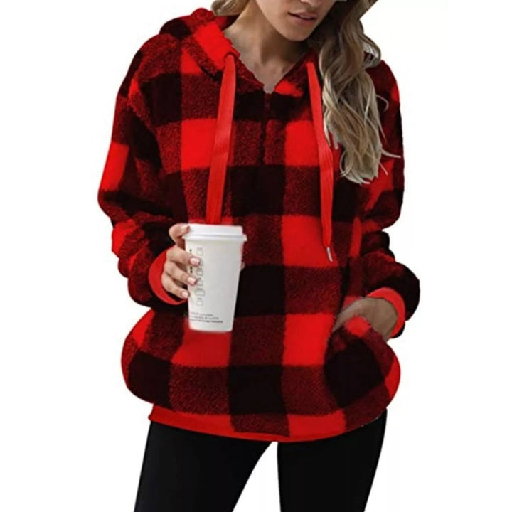 Felpa donna scozzese con cappuccio, mezza zip, stile casual per ogni occasione.
