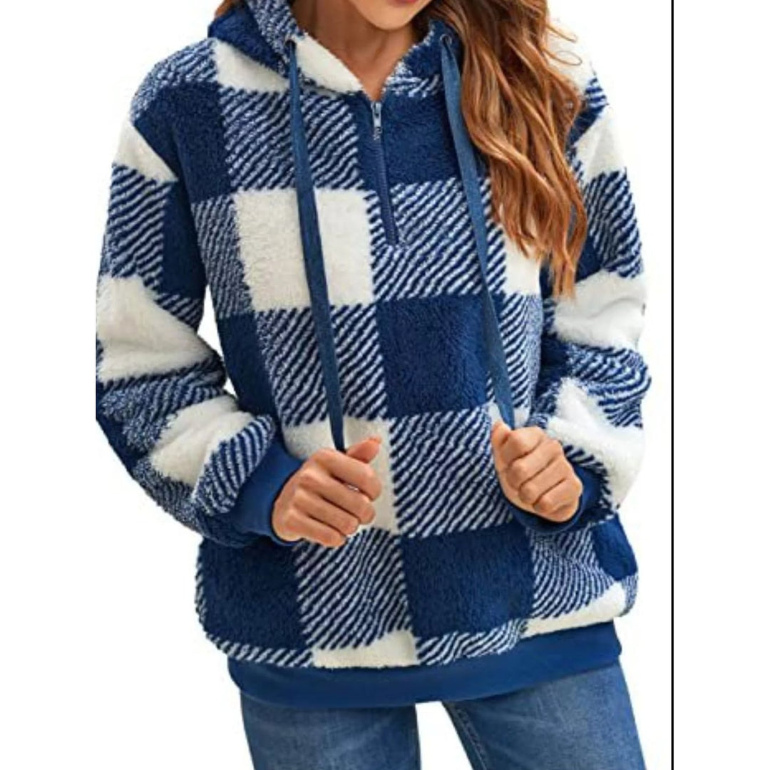 Pullover felpa donna casual con cappuccio, fantasia scozzese e mezza zip.