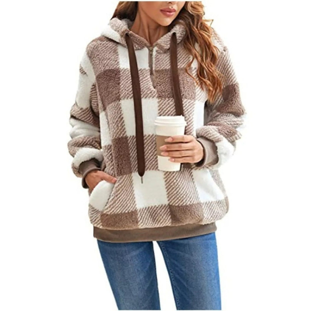 Moderna felpa donna invernale a mezza zip scozzese, comfort e stile casual.