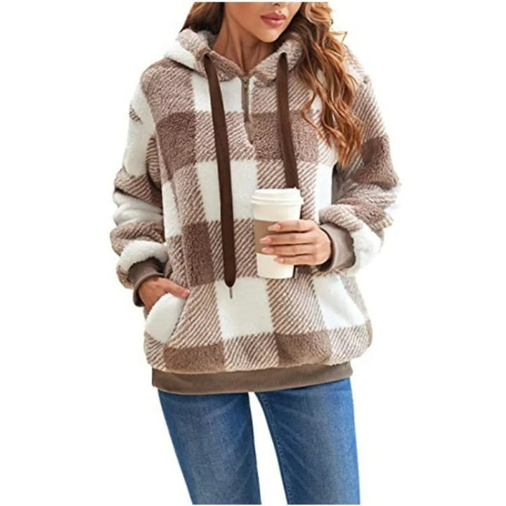 Moderna felpa donna invernale a mezza zip scozzese, comfort e stile casual.