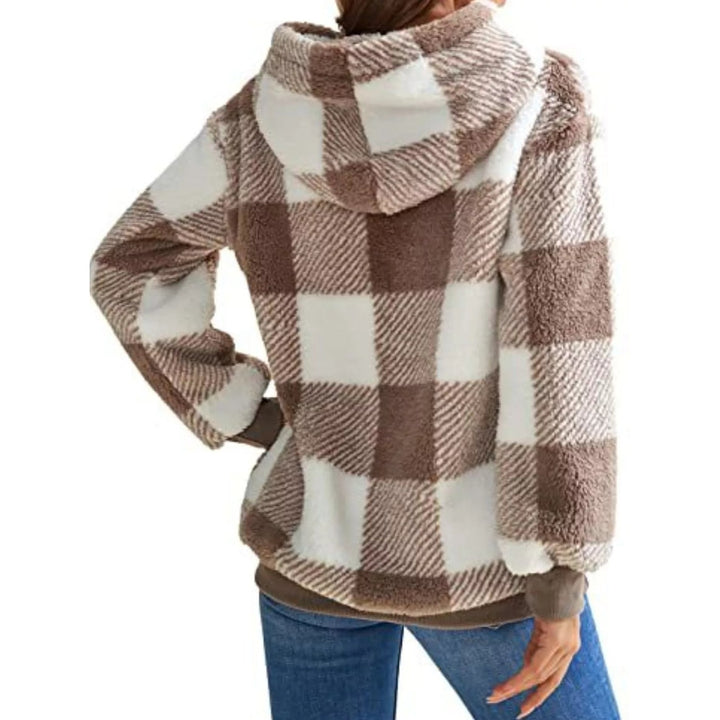Stilosa felpa donna scozzese, mezza zip, vestibilità comoda, perfetta per l'inverno.