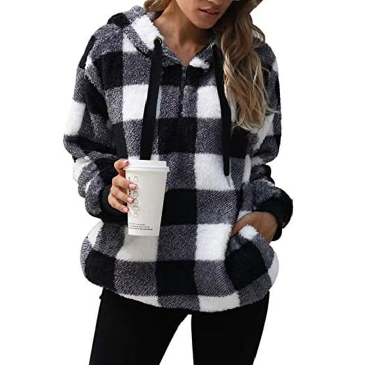 Felpa casual donna mezza zip scozzese, tasca a canguro, comfort autunnale.