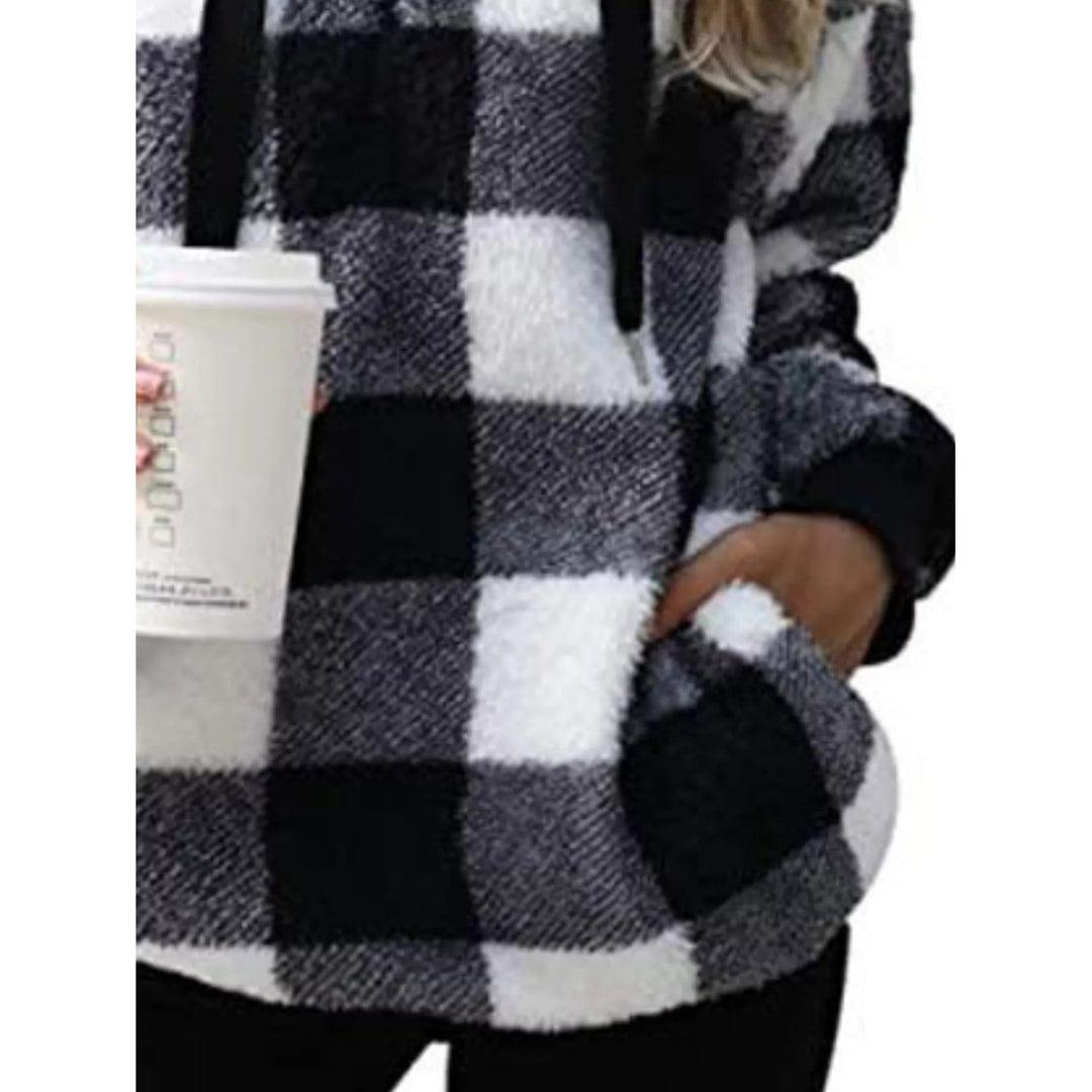 Felpa donna moda scozzese, mezza zip, calda e confortevole per l'inverno.