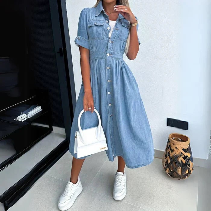 Abito camicia da donna midi a linea A, con bottoni frontali, perfetto per primavera/estate. Stile casual ed elegante.