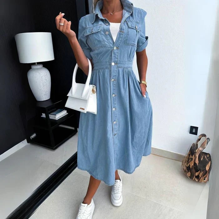 Abito camicia midi da donna a linea A, con bottoni. Ideale per un look casual-elegante in primavera ed estate.
