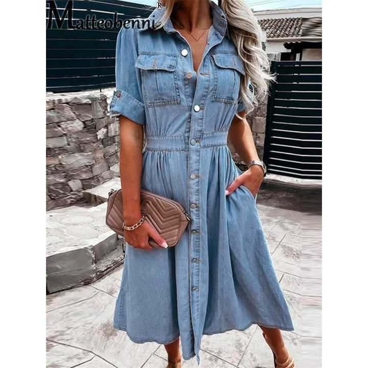 Abito camicia da donna midi casual con bottoni e maniche corte. Perfetto per primavera/estate, look versatile e confortevole.