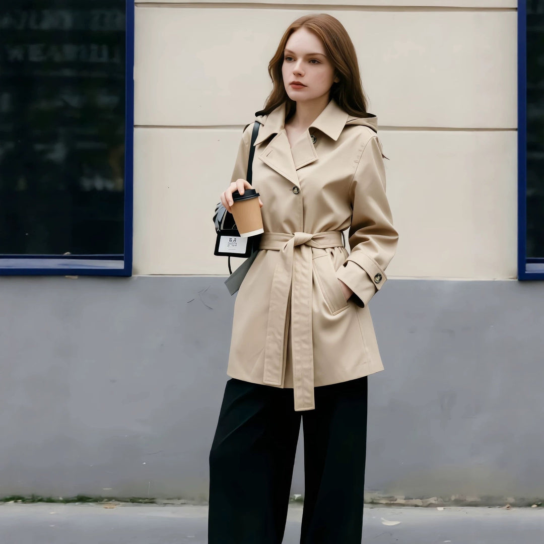 Trench coat donna elegante con cintura in vita, stile classico versatile per primavera e autunno.