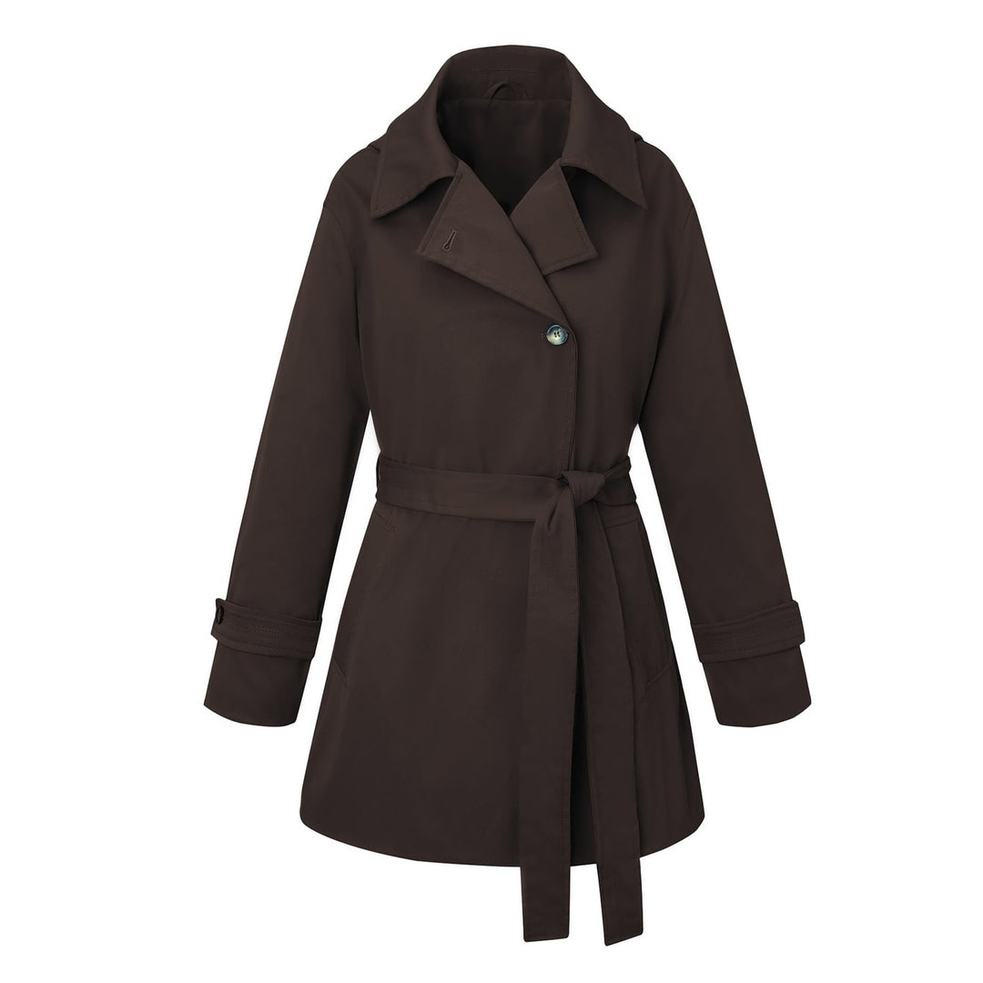 Cappotto trench donna monopetto, con cintura in vita, per un look sofisticato e abbigliamento versatile.